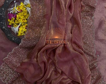 Trending Jarkhan Diamond work peach color space silk Partywear Saree, Wedding wear Designer Saree for women, Saree with stitch blouse
