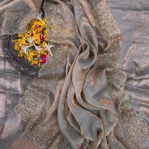 Premium Jarkhan Diamond work grey color space silk Partywear Saree, Wedding wear Designer Saree for women, Saree with stitch blouse in usa