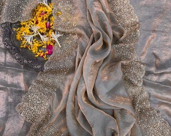 Premium Jarkhan Diamond work grey color space silk Partywear Saree, Wedding wear Designer Saree for women, Saree with stitch blouse in usa