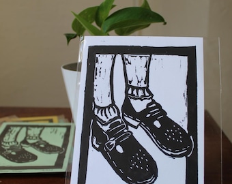 Mary Jane Shoe Art Print – Hand-printed Linocut– Vintage-Inspired Wall Art
