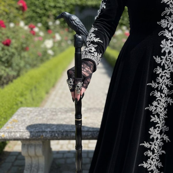 Black Raven Walking Cane – Full Black Bamboo Style Wooden Stick with Aluminum Raven Handle, Gothic Cosplay Cane, Personalized Gift for Women