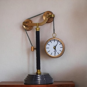Tabletop Pulley Clock Sophisticated Battery-Operated Tabletop Pulley Golden Black Desk Clock for Stylish Table Decor, Home & Office Decor