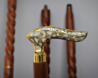 Personalized Floral Gold Line Walking Stick – Artisan Wooden Spiral Cane with Rubber Tip – Timeless Elegance & Unique Style" in Every Step