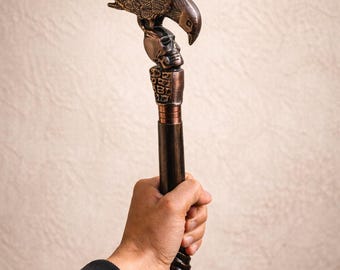 Personalized Skull & Raven Handle Walking Stick | Wooden Cane Unique Spiral Design With Copper Antique Finish- Perfect Gift For Grandparents