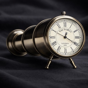 Victorian Brass Telescope Clock – Victoria London 1901 Vintage Style Desk Clock – Nautical Maritime Table Decor Gift – Personalized Clock
