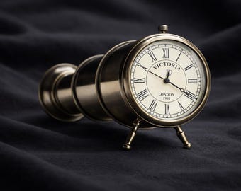 Victorian Brass Telescope Clock – Victoria London 1901 Vintage Style Desk Clock – Nautical Maritime Table Decor Gift – Personalized Clock