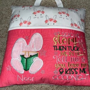 Embroidered Reading Pillow: Custom Quilted Book Pocket. Any Theme possible.