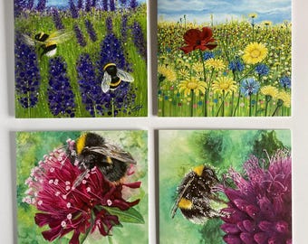 Tarjetas de felicitación de verano: Arte natural de temporada, colección ilustrada de abejorros y flores silvestres, paquete múltiple