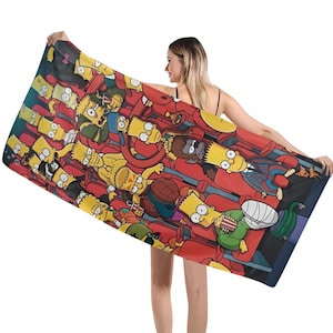 May include: A colorful beach towel featuring a cartoon image of the Simpsons characters in a movie theater setting. The towel is red, yellow, blue, and black.