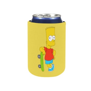 May include: Yellow can cooler with a cartoon image of Bart Simpson holding a skateboard. Bart is wearing a red shirt, blue shorts, and yellow shoes.