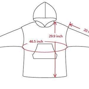 May include: A white hooded sweatshirt with a pocket on the front. The sweatshirt is 29.9 inches long and 46.5 inches wide. The sleeves are 20 inches long.