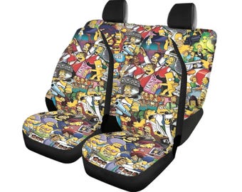 Simpsons Car Seat Covers Full Set | Front & Rear Universal Fit | Cartoon Auto Interior | Funny Car Decor | Fits Cars, Trucks, Vans