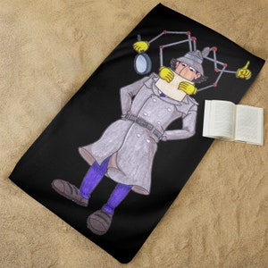 May include: A black beach towel with a cartoon illustration of a detective with a magnifying glass and a notepad. The detective is wearing a gray trench coat, a blue hat, and yellow gloves. The detective is connected to a series of red and gray lines.