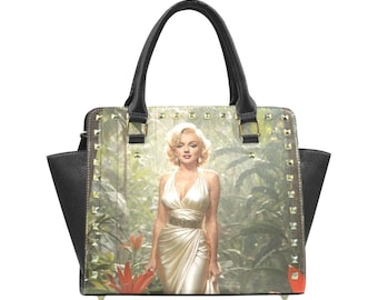 May include: Black handbag with gold studs and a print of Marilyn Monroe in a jungle setting.
