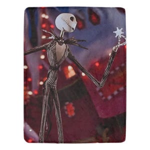 May include: A black and white striped character with a skeletal face and a star in his hand stands in front of a red and purple background with lights.