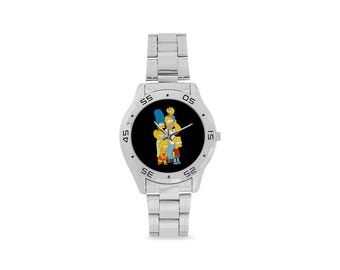 Mens Simpsons Stainless Steel Analog Watch Custom Timepiece Stylish Casual Wristwatch