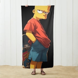 May include: A yellow cartoon character with a red shirt and blue shorts is holding a skateboard with the words "Thoms Hower" on it. The background is black.