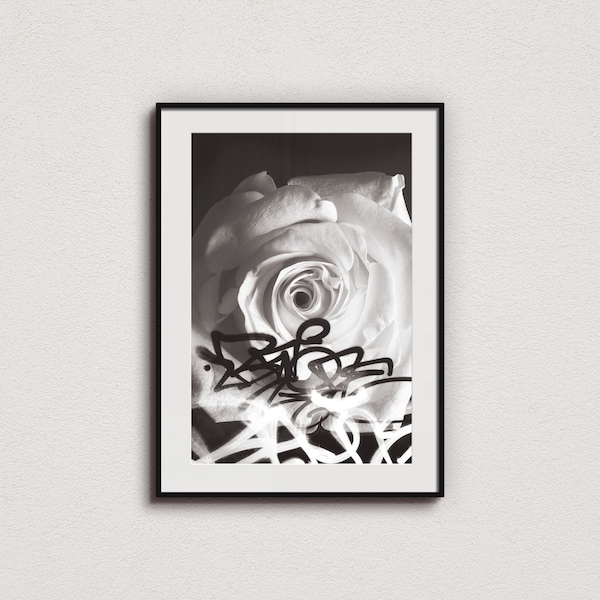 Hypebeast Black and White Flower Art Print, Digital Download, Dark Gothic Wall Art, Graffiti Wall Art, NYC Street Art, Urban Fashion Art.