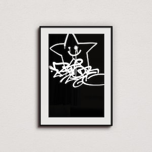 Black and White Star Street Art Poster, Nursery Wall Art, Kaws, Graffiti Wall Art, Pop Art, NYC Street Art, Urban Art, Happy, Hypebeast.