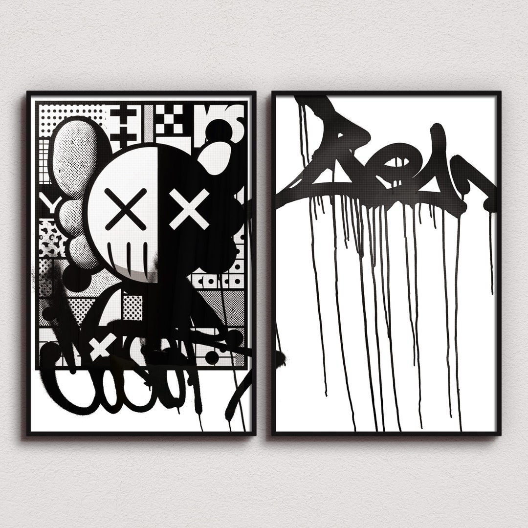 Set of 2 Black and White Street Art Print, KAWS Hypebeast