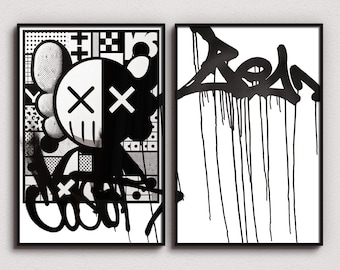 KAWS Graffiti Art Print Set: Black & White NYC Street Art (digital