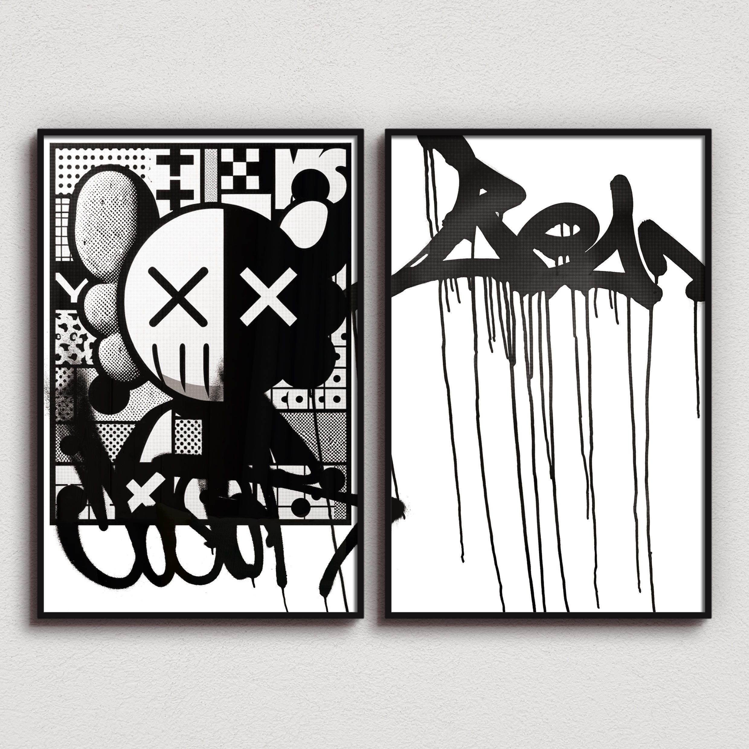 Set of 2 Black and White Street Art Print, KAWS Hypebeast