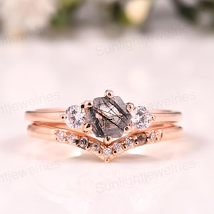 Vintage Hexagon Cut Black Rutilated Quartz Engagement And Wedding Ring Set For Women Unique Salt And Pepper Diamond Ring Anniversary Gift