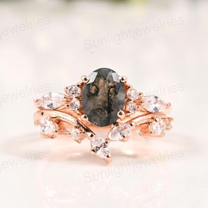 Oval Moss Agate engagement ring set rose gold vintage ring set Dainty Marquise diamond 3/4 eternity twisted bridal ring anniversary gift