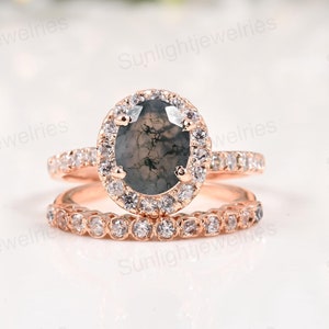Vintage Oval Moss Agate Engagement Ring Set: Rose Gold Sterling Silver
