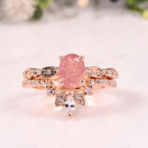 Strawberry Quartz 14k Gold Engagement Ring Set: Solitaire Bridal Ring