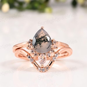 Pear Moss Agate Engagement Ring Set: Rose Gold Art Deco Wedding Ring