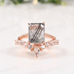 Emerald Cut Black Rutilated Quartz Engagement Ring Set: 14k Rose Gold & Diamond Bridal Ring