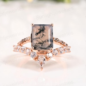 Rose Gold Emerald Cut Moss Agate Ring Set: Sterling Silver Bridal Wedding