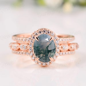 Vintage Moss Agate Engagement Ring Set: Rose Gold Moissanite Bridal Ring