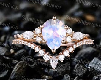 Parure de bagues vintage avec pierre de lune taille poire, bague de mariée Art déco en or rose