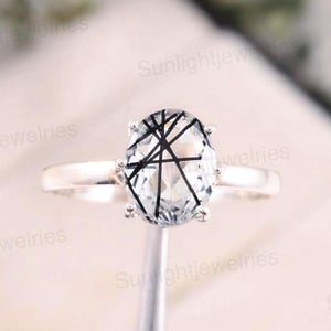 Oval Cut Rutile Quartz Ring 925 Sterling Silver, Black Rutilated Quartz Gemstone Ring, Handmade Minimalist Crystal Jewelry Anniversary Gift