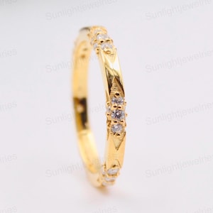 Vintage Filigree Band, Engagement Wedding Band For Womens, 925 Sterling Silver, Dainty CZ Eternity Band, Gold Plated Slim Promise Ring