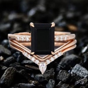 Emerald Cut Black Onyx Ring Set: 14K Gold & Sterling Silver