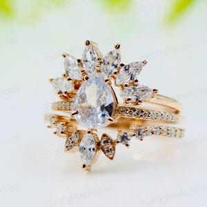 Vintage Pear Moissanite Engagement Ring Set: Rose Gold Art Deco Bridal Rings