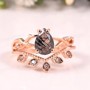 Anello in rutilo nero, set da due pezzi, anello in sale e carta, anello nero, anello di fidanzamento e matrimonio, anello con taglio a pera, anello delicato per regali da donna.
