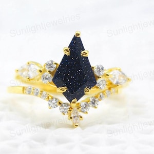 Kite Blue Sandstone Bridal Ring Set: Gold Plated Sterling Silver, CZ Accents