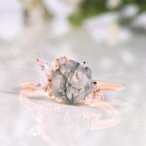 Hexagon Moss Agate Ring: Sterling Silver Boho Engagement Ring