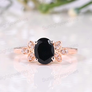 Black Onyx Engagement Ring: Art Deco Solid Gold Marquise Moissanite Ring