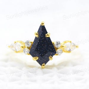 Blue Sandstone Kite Shaped Engagement Ring With CZ Accents In Gold Plated Sterling Silver Unique Celestial Bridal Ring For Her Anniversary