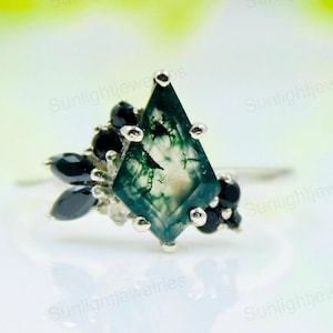 Kite Cut Moss Agate Ring: Black Spinel Sterling Silver Engagement Ring