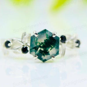 Hexagon Moss Agate Engagement Ring: Sterling Silver Leaf Band, Black CZ