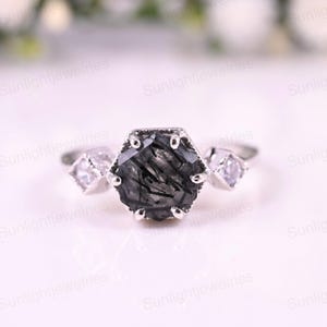 Hexagon Black Rutilated Quartz Ring: 925 Silver Halo, Cubic Zirconia