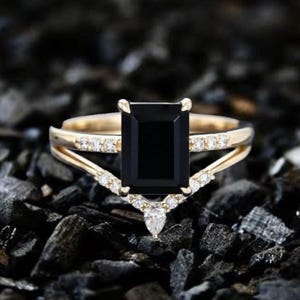 Emerald Cut Black Onyx Ring Set: Moissanite Cluster, Yellow Gold Band