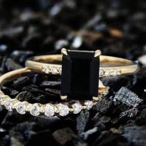 Emerald Cut Black Onyx Ring Set: 14K Gold & Sterling Silver