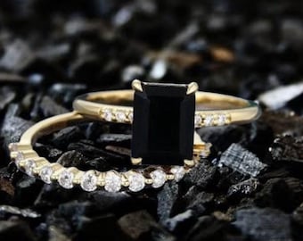 Emerald Cut Black Onyx Ring Set: 14K Gold & Sterling Silver